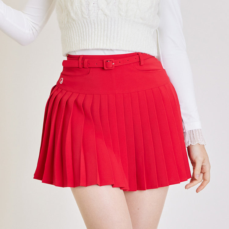 {PRE-ORDER} Unbalanced Belt Pleats Skirt by J.Jane (Red)