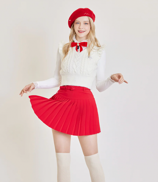 {PRE-ORDER} Unbalanced Belt Pleats Skirt by J.Jane (Red)