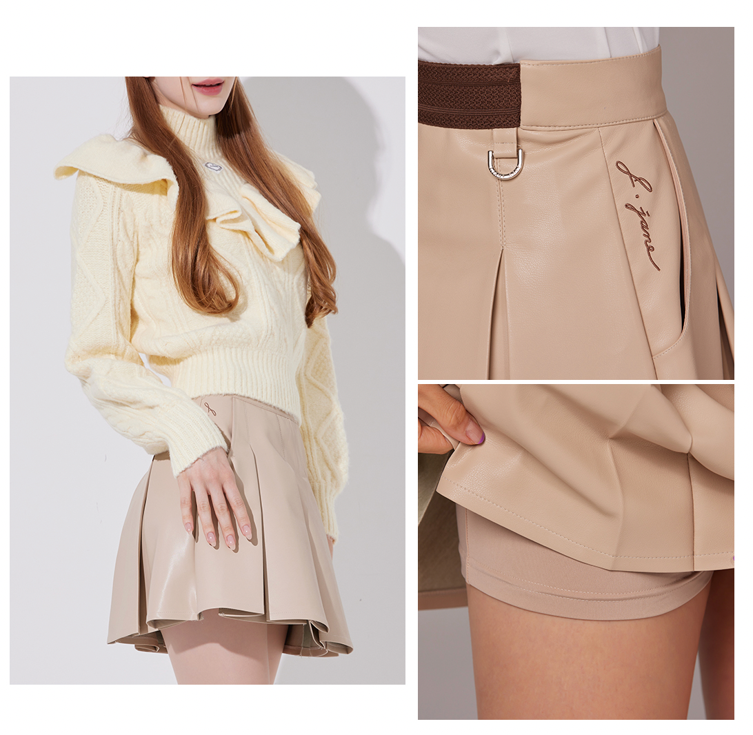 {PRE-ORDER} Korea Wide Pleats Leather Skirt (BEIGE)
