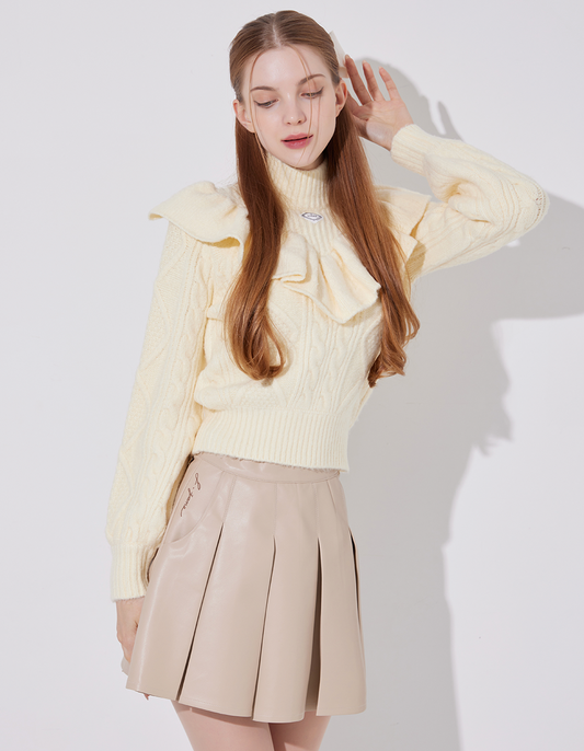 {PRE-ORDER} Korea Wide Pleats Leather Skirt (BEIGE)