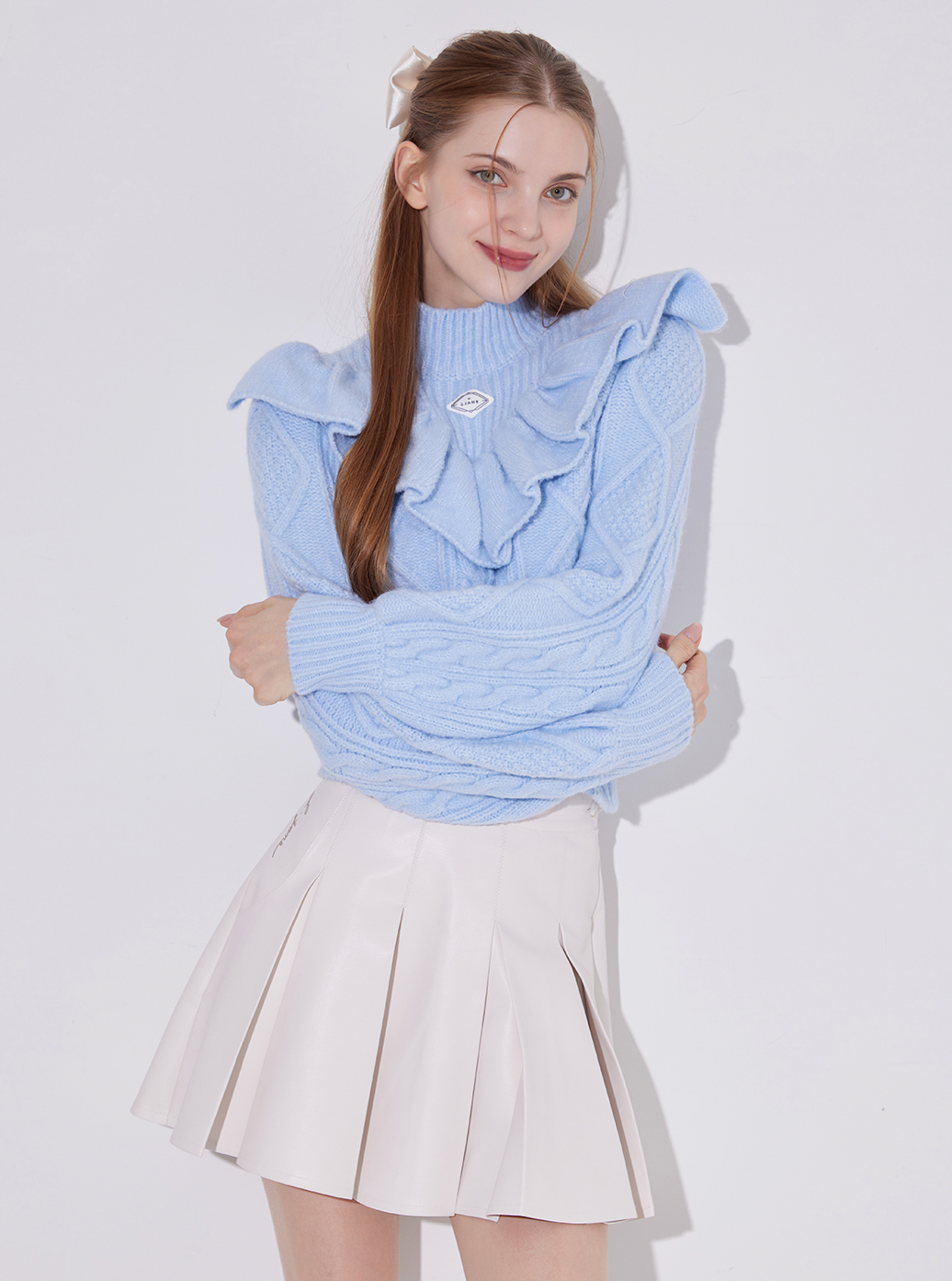 {PRE-ORDER} Korea Wide Pleats Leather Skirt (IVORY)